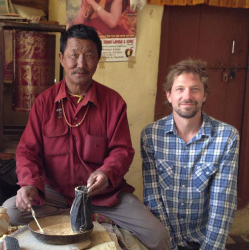 Johann Helf with locals in Himalayan town